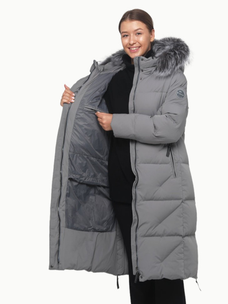 Пальто пуховое Аврора SkyStretch Goose мех ЧБК (Женский; 48; Стальной Серый)